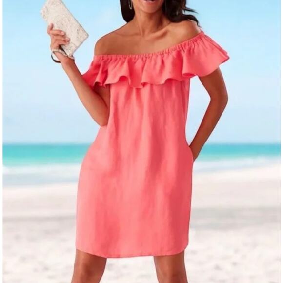 TOMMY BAHAMA Coral St Lucia Off the Shoulder Linen Ruffle Mini Dress X Large - Picture 1 of 10